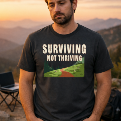 Stop Pretending You’re "Thriving." Admitting You’re Just "Surviving" Is the New Self-Care. 1 Stressed millennial man working on laptop in mountains wearing blank dark grey t-shirt - burnout culture concept.